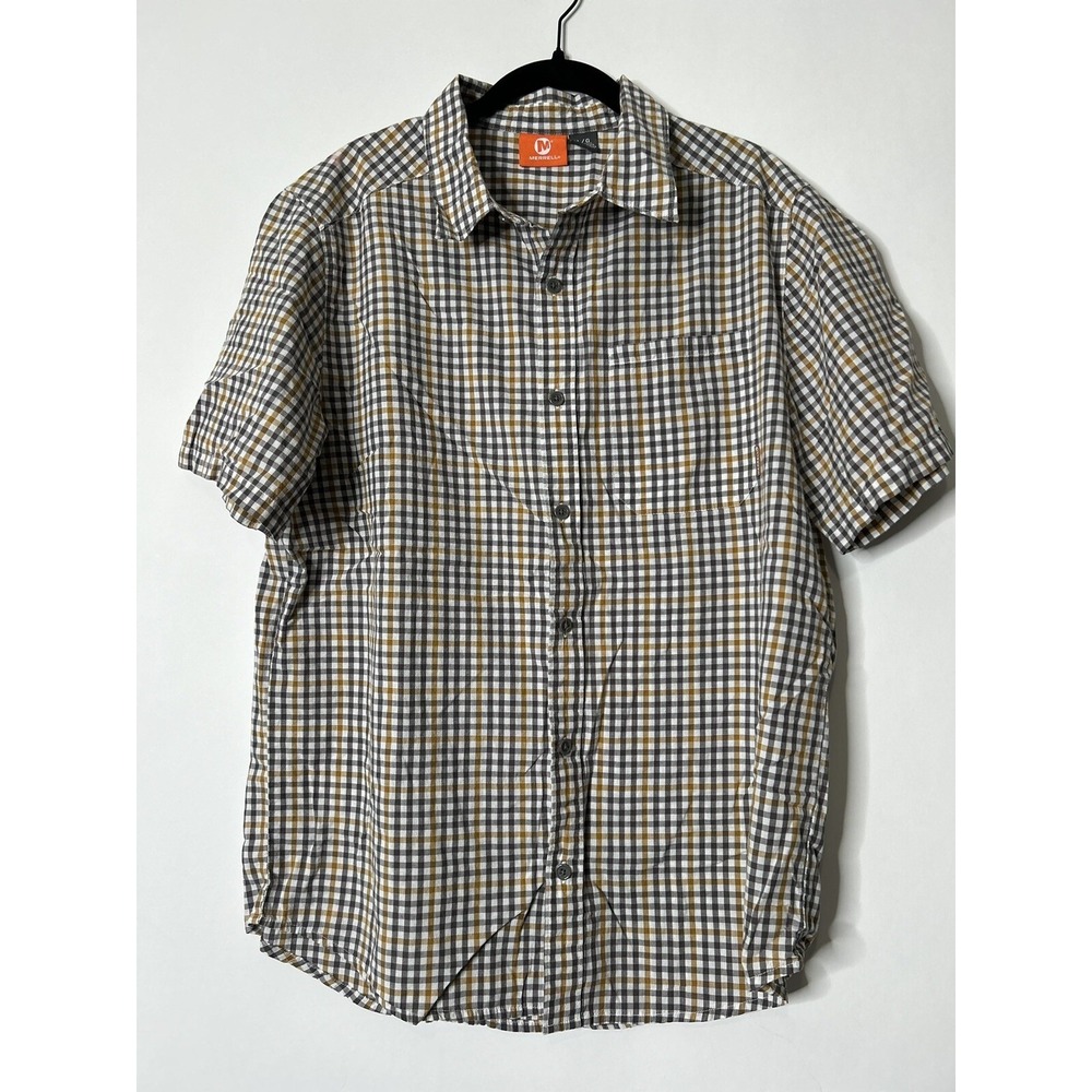 Merrell Men Size L Short Sleeve Button Front Shirt Stained